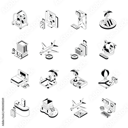 Travel & Tourism Line Icons. Flight booking, Accommodation, Vacation destination. Isometric Vector Set