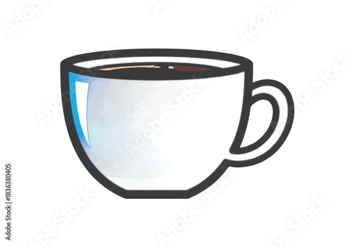 White coffee cup with black outline and dark liquid inside ready to drink.