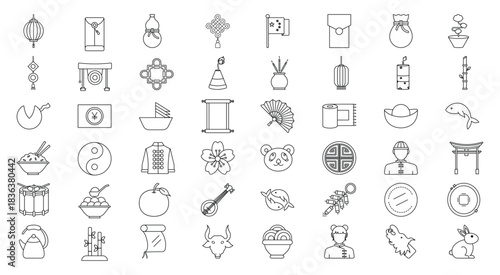 Chinese New Year Icon Set. Red Envelopes, Firecrackers, Dumplings, Gold Ingots & Traditional Elements. Vector Outline Style