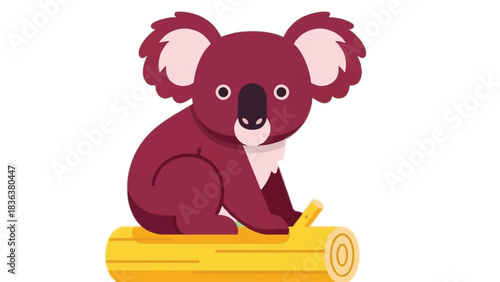 Cute cartoon koala bear sitting on a yellow log looking forward.
