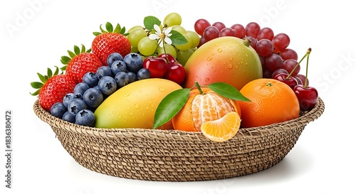 A woven basket filled with a variety of fresh fruits including strawberries, grapes, and mangoes