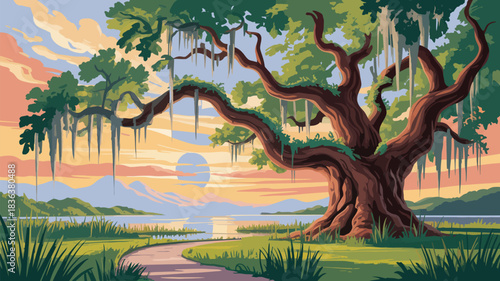 Ancient live oak tree with hanging spanish moss, overlooking open sky and coastal horizon, depicting a tranquil south carolina lowcountry landscape, perfect for nature and scenic vector illustrations.