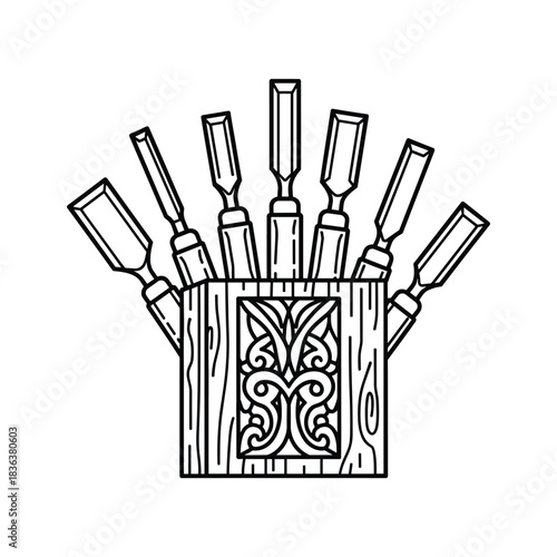 Wood Carving Chisels Set in Decorative Wooden Holder Line Art