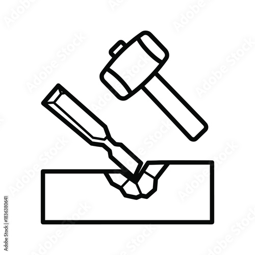 Outline Icon of Hammer Striking Chisel into Wood