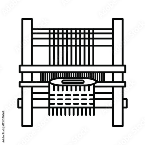 Weaving Loom Outline Icon with Shuttle and Fabric