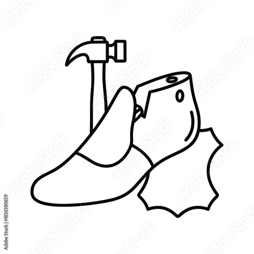 Shoemaking craft outline icon with last, hammer, and leather