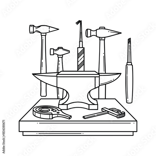 Blacksmith & Jeweler Tools Set Line Art: Anvil, Hammers, Files, & Mandrel for Metalworking