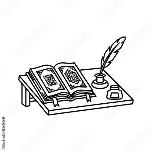 Open Holy Book on Rehal with Quill Pen and Inkwell