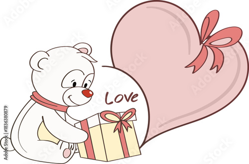 Cute cartoon bear giving a gift with a pink heart and 'love'