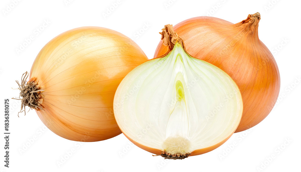 Fototapeta premium Three onions, one sliced, revealing layers, with brown-yellow skin, isolated on black