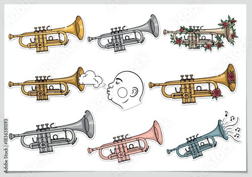 Trumpet Ensemble Musical Instrument Collection with Decorative Elements