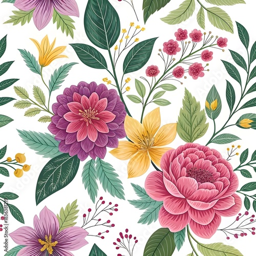 Elegant floral pattern with vibrant blooms for backgrounds, textiles, and wallpaper design projects, adding a touch of nature's beauty to any creative project