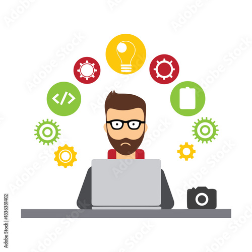 Bearded person wearing glasses with laptop is surrounded by gears and technology icons