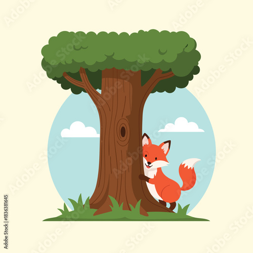 Curious Fox Behind a Tree in a Forest Glade