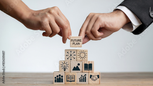 Hands Building Future Plan Strategy With Wooden Blocks