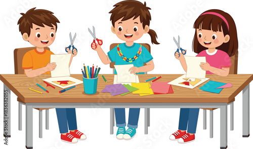 Happy Children Doing Arts and Crafts at a Table with Scissors, Paper, and Pencils Vector