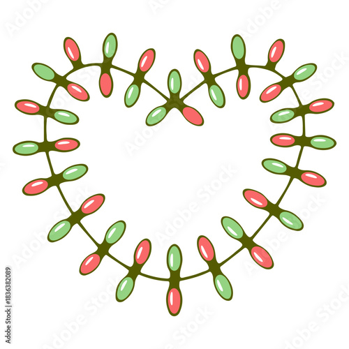 Heart shape formed by alternating green and red objects connected by a thin brown line design element