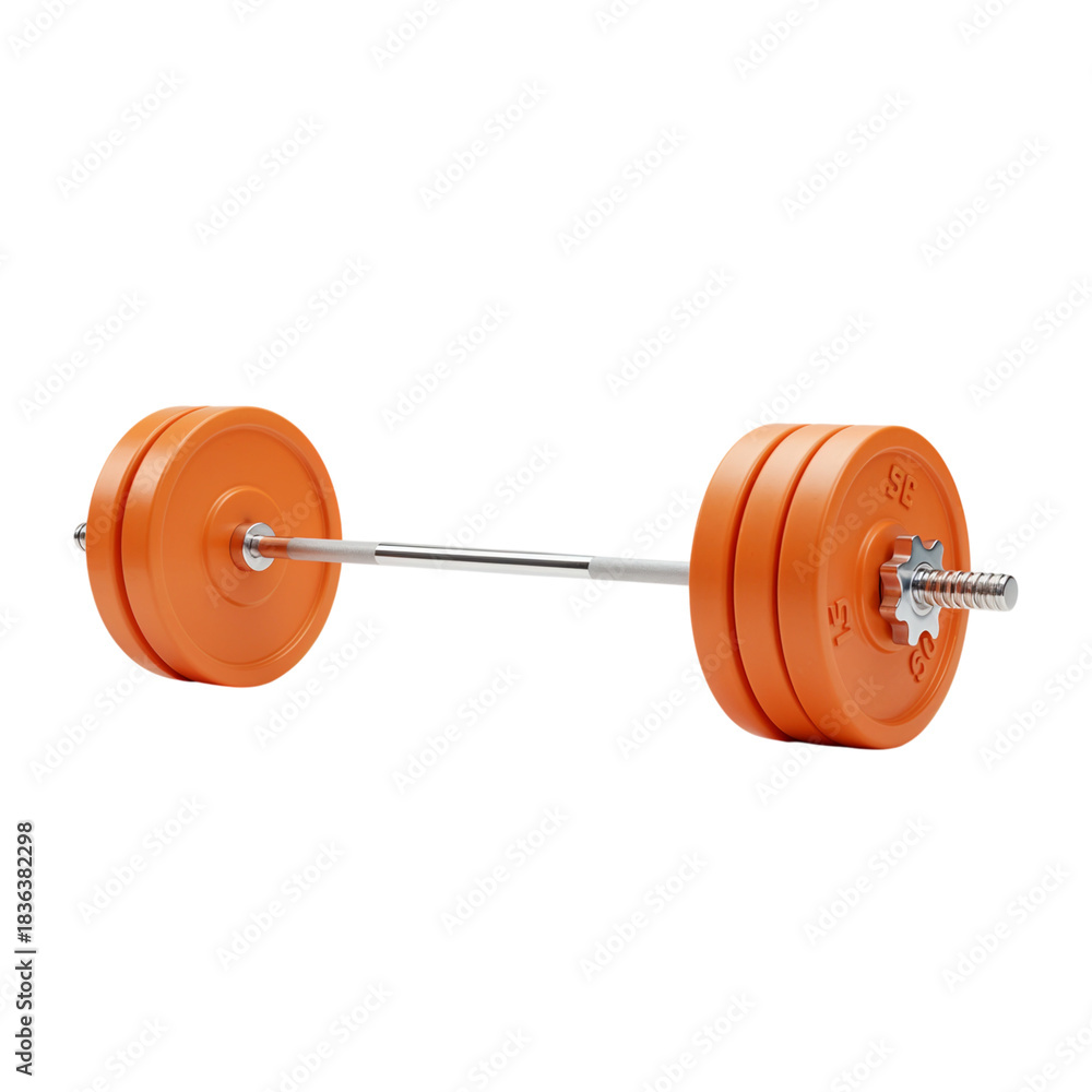 Fototapeta premium A bright orange barbell with weights and a shiny metal bar on a dark backdrop for fitness and gym activities transparent background