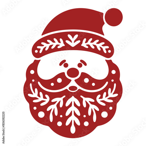 Illustration of a santa claus face with a decorative beard and hat in a festive red color scheme