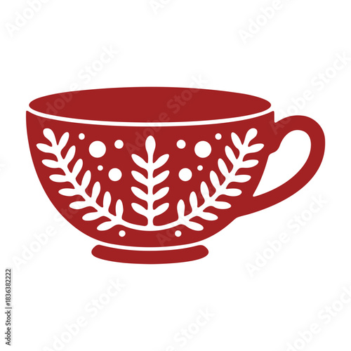 Illustration of a red teacup with white floral pattern and handle on a white background design art