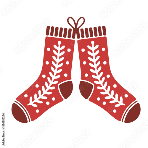 Illustration of two red christmas stockings adorned with white leaf patterns and tied together with a bow