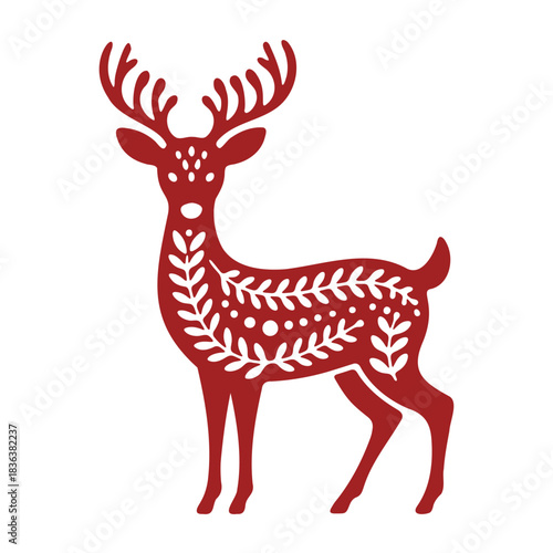 Illustration of a red deer with white floral and dot patterns on its body and antlers decoration