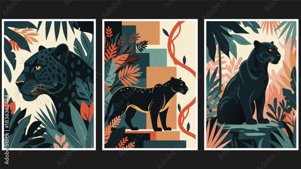 Fototapeta premium Contemporary Graphic Art Set Featuring Elegant Black Panthers Amidst Vibrant Tropical Foliage - Dynamic Jungle Wildlife Illustrations