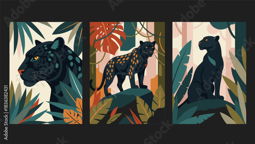 Three abstract illustrations featuring black panthers amidst lush tropical foliage for wall art or design