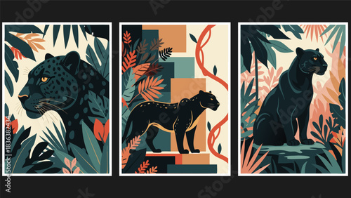 Contemporary Graphic Art Set Featuring Elegant Black Panthers Amidst Vibrant Tropical Foliage - Dynamic Jungle Wildlife Illustrations