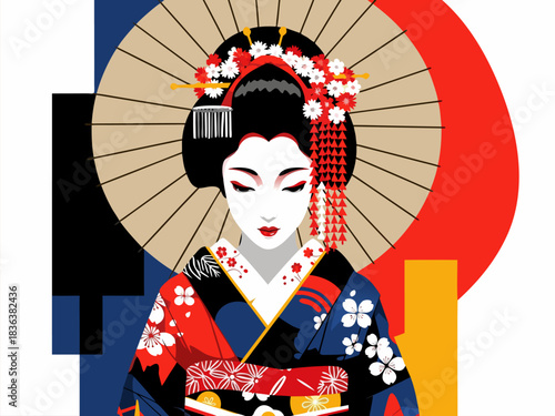 Traditional Japanese Geisha Woman in Vibrant Kimono with Floral Design and Parasol - Artistic Illustration