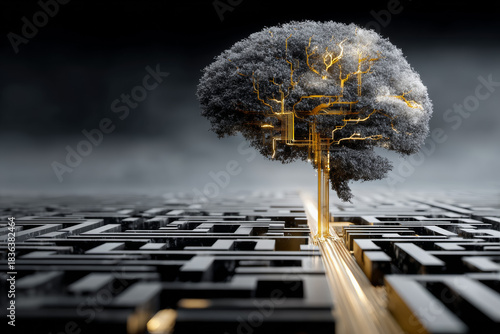 Futuristic tree with glowing roots emerging from a complex maze structure in a digital landscape