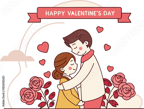 Happy valentine's day illustration of romantic couple hugging