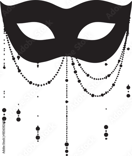 Elegant black masquerade mask with dangling beads and sparkles