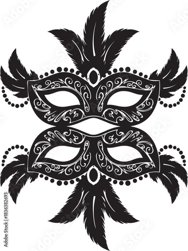 Ornate black masquerade masks with feathers and beads