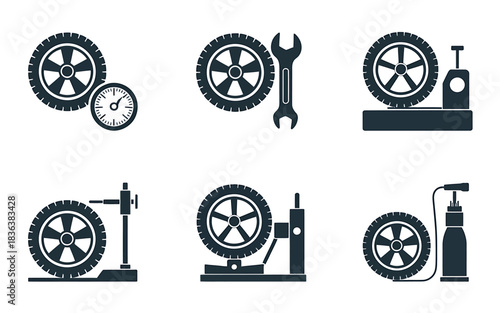 Automotive tire service and repair icons set for garage workshop.