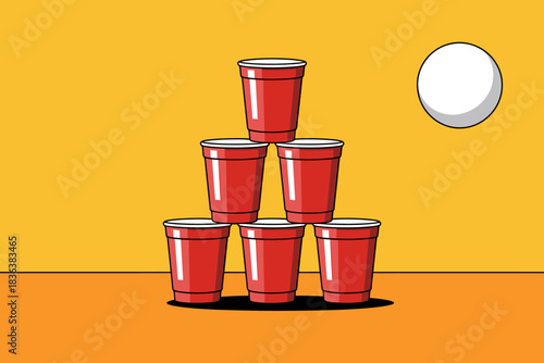 Red solo cups pyramid with ping pong ball on colorful background