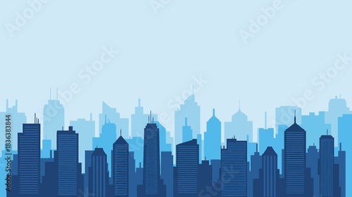 Modern city skyline silhouette illustration with blue buildings