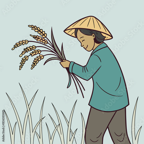 Asian farmer wearing a conical hat holds harvested rice in the field