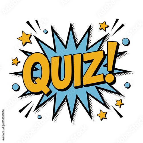 Pop art style quiz word on a comic explosion bubble with stars and dots