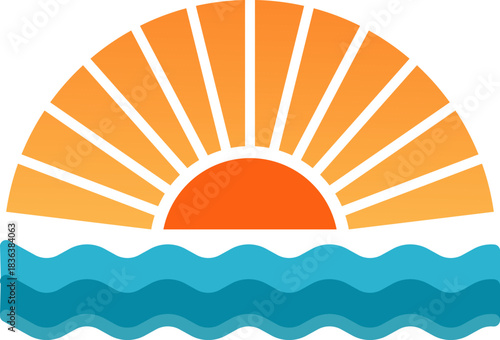 Stylized sunrise over wavy ocean horizon