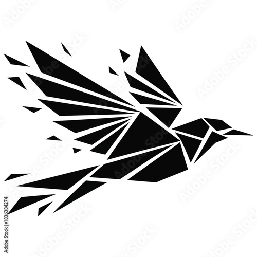 Geometric black bird flying with abstract fragmented wings and tail, symbolizing freedom and movement, isolated on white background