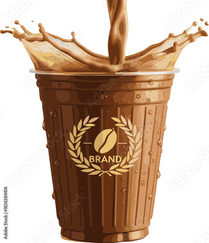 Vector illustration of a branded iced coffee cup with dynamic splash effect, perfect for cafe menus, beverage advertising, and packaging design.