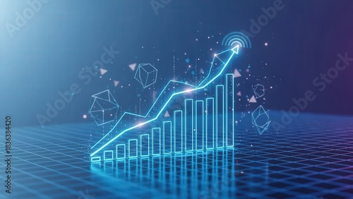 Colorful ascending charts and animated particles depict company expansion and investor progress