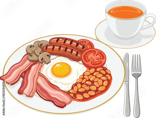 Vector illustration of a classic full breakfast plate with eggs, bacon, sausages, beans, mushrooms, tomatoes, and a cup of tea.