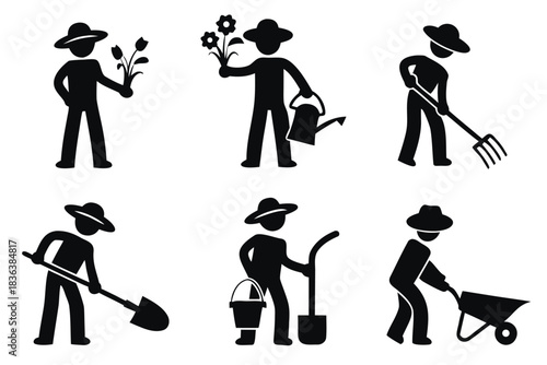 Black silhouette figures in hats are gardening using diverse tools and equipment here