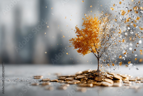 Tree transforming into coins, symbolizing wealth and prosperity in a surreal financial concept