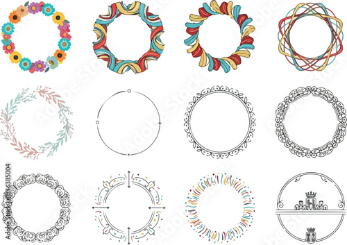 Set of Diverse Decorative Floral and Geometric Wreaths for Invitations and Design Projects