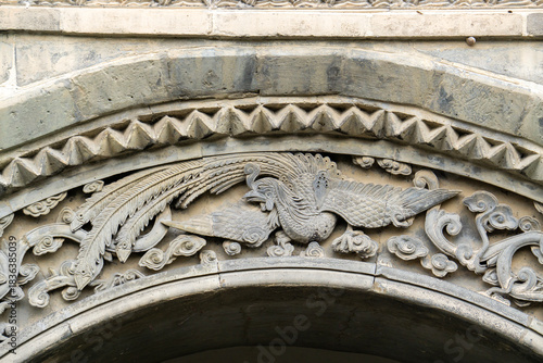 The exquisite brick carvings on the flower Theatre archway in Bozhou City, Anhui Province, China. The Flower Theatre was first built in the Qing Dynasty.