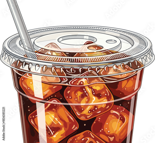Vector illustration of an iced soda drink in a clear plastic cup with straw and ice cubes, perfect for beverage and menu designs.