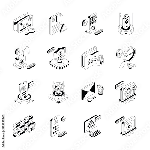 Cyber Security and Data Protection Isometric Icons Set. Digital Privacy, Internet Safety, Antivirus, Secure Network, Authentication, Encryption, Firewall, Hacking, VPN, Password, and Identity Access